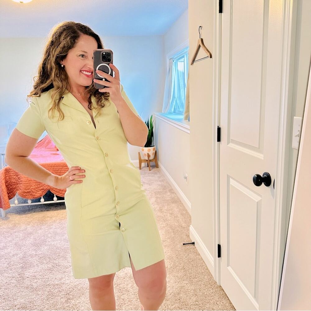 Vintage Liz Claiborne Green Raw Silk Button Front Mini Dress XS
